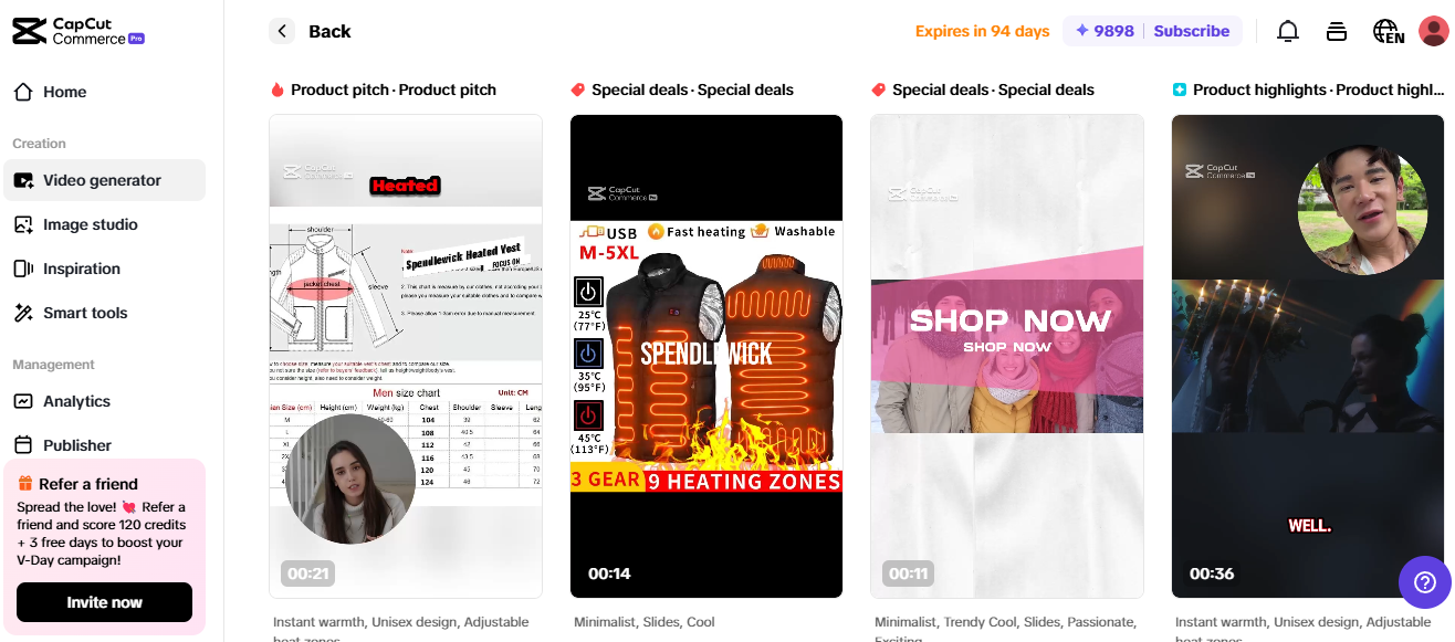 CapCut Commerce Pro screen showing eCommerce growth tools for heated vest promotions and special deals.